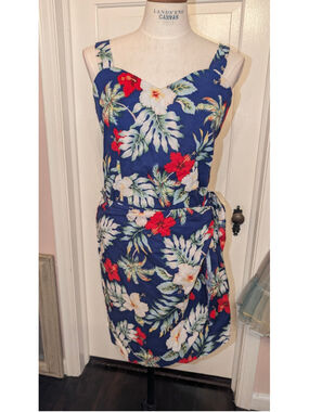 Vintage Hawaiian Evergreen Island Floral Mini Dress XL Blue Red